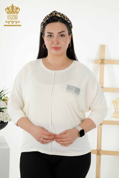 Женская блузка оптом - Вышитый карманный камень - Экрю - 79222 | КАZEE - Thumbnail