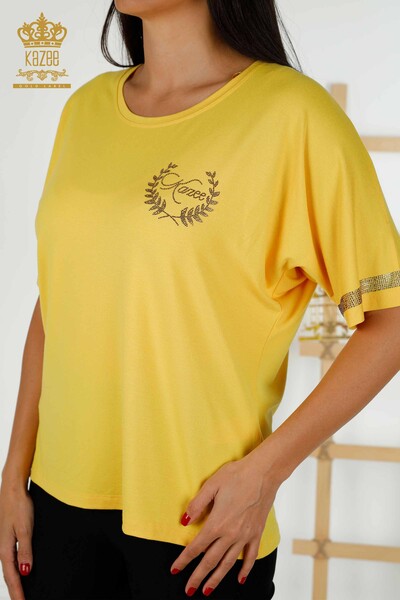 женская блузка оптом - с коротким рукавом - желтая - 79236 | КАZEE - Thumbnail