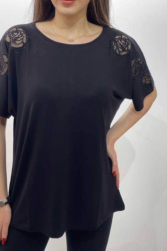 Женская блузка с короткими рукавами и розовыми рукавами оптом - 77451 | КАZЕЕ