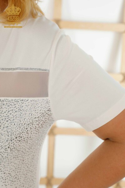 Женская блузка оптом - Кристалл Вышитый камень - Экрю - 79101 | КАZEE - Thumbnail
