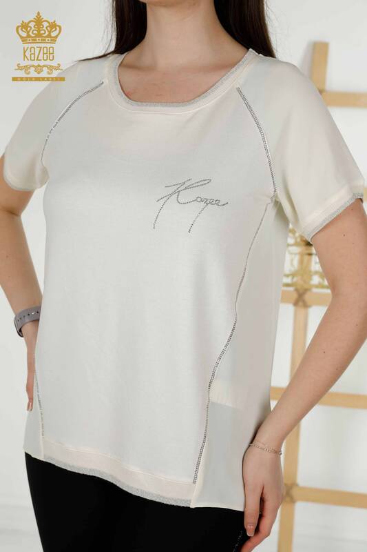 Женская блузка оптом - Кристалл Вышитый камень - Экрю - 79232 | КАZЕЕ