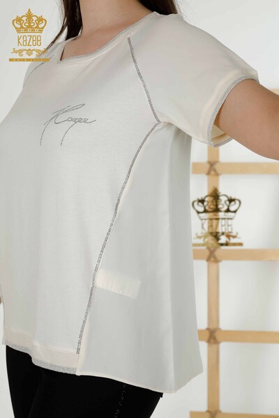 Женская блузка оптом - Кристалл Вышитый камень - Экрю - 79232 | КАZЕЕ - Thumbnail