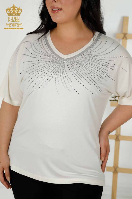Женская блузка оптом - Кристалл - Вышитый камень - Экрю - 79328 | КАZЕЕ