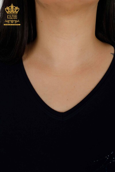 женская блузка оптом хрустальный камень с вышивкой темно-синий - 77935 | КАZEE - Thumbnail (2)
