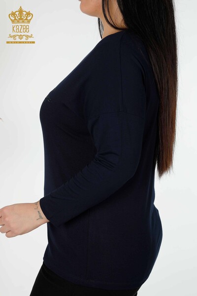 женская блузка оптом хрустальный камень с вышивкой темно-синий - 77935 | КАZEE - Thumbnail