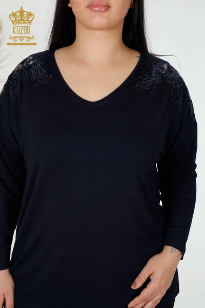 Женская блузка оптом с вышивкой кристаллами темно-синего цвета - 78911 | КАZEE - Thumbnail