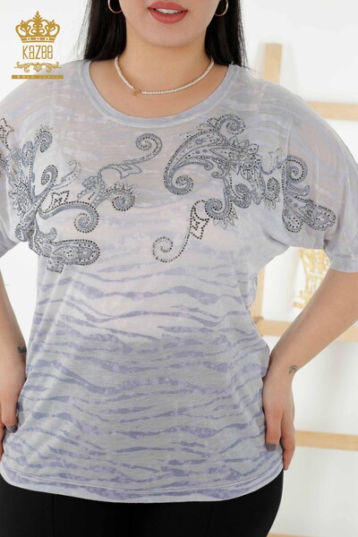 женская блузка оптом - вышивка хрустальным камнем - индиго - 79125 | КАZEE - Thumbnail