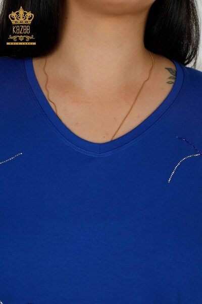 женская блузка оптом - с узором в виде листьев - электрический - 79318 | КАZEE - Thumbnail