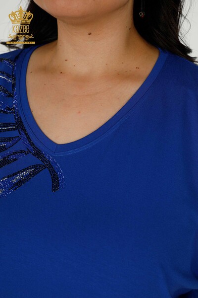 женская блузка оптом - с узором в виде листьев - электрический - 79319 | КАZEE - Thumbnail