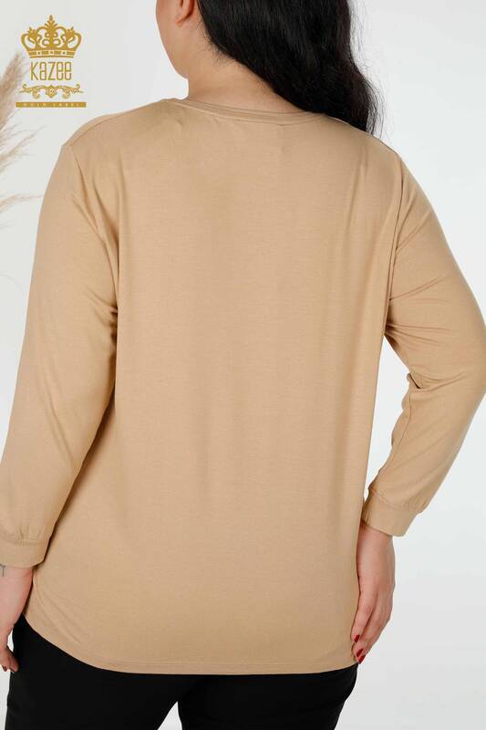 женская блузка оптом бежевая с узором в виде листьев - 77913 | КАZEE