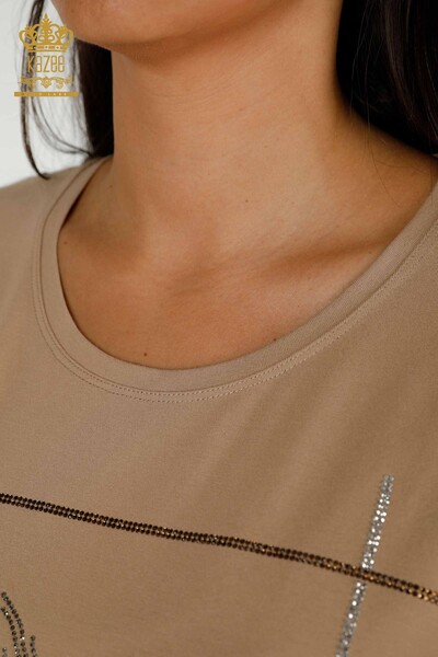 женская блузка оптом - с узором в виде листьев - бежевый - 78878 | КАZEE - Thumbnail