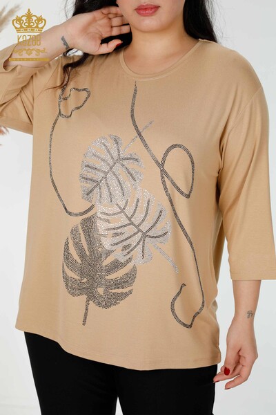 женская блузка оптом с рисунком листьев бежевого цвета - 78946 | КAZEE - Thumbnail