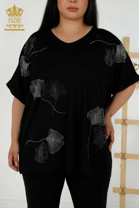 женская блузка оптом - с узором в виде листьев - черный - 79318 | КАZEE