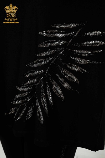 женская блузка оптом - с узором в виде листьев - черный - 79319 | КАZEE - Thumbnail