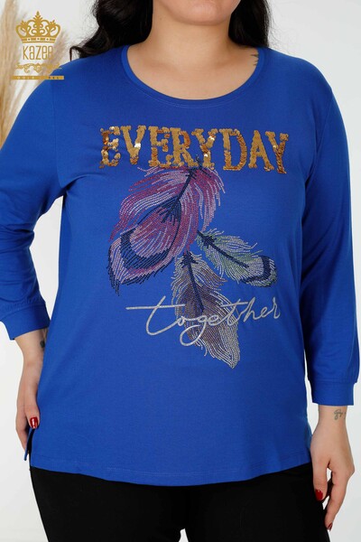 женская блузка оптом с рисунком листьев цвет электрик - 77913 | КАZEE - Thumbnail
