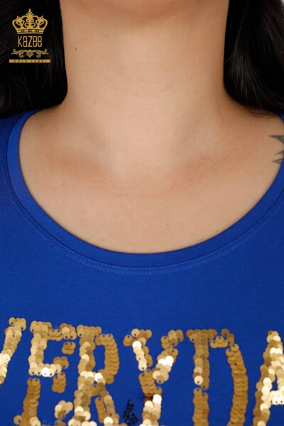 женская блузка оптом с рисунком листьев цвет электрик - 77913 | КАZEE - Thumbnail