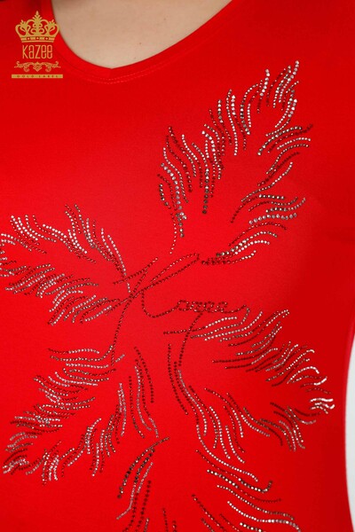женская блузка оптом с рисунком листьев красного цвета - 77970 | КАZEE - Thumbnail