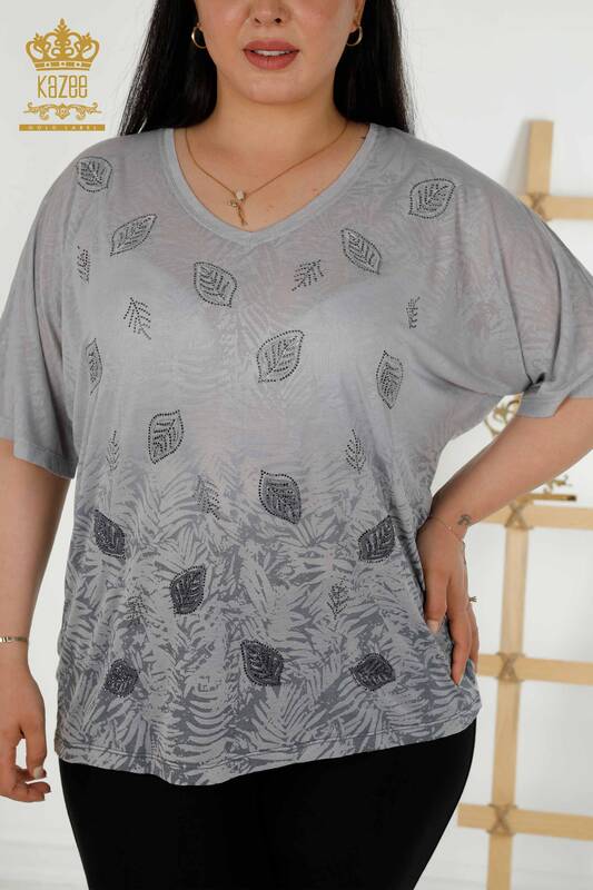 женская блузка оптом - с узором в виде листьев - серый - 79135 | КАZEE