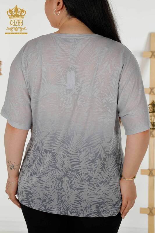 женская блузка оптом - с узором в виде листьев - серый - 79135 | КАZEE