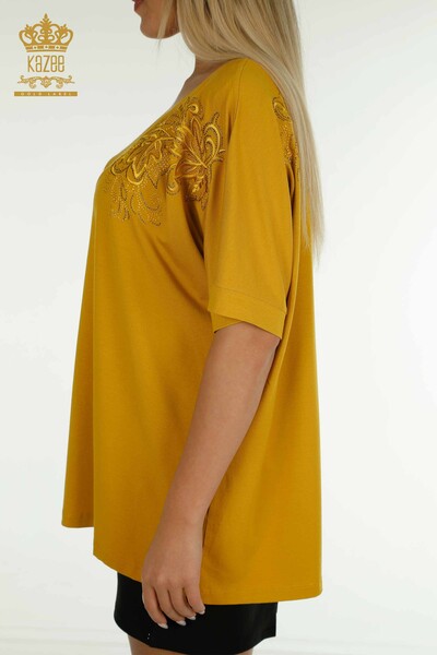 женская блузка оптом - с узором в виде листьев - шафран - 79090 | КАZЕЕ - Thumbnail