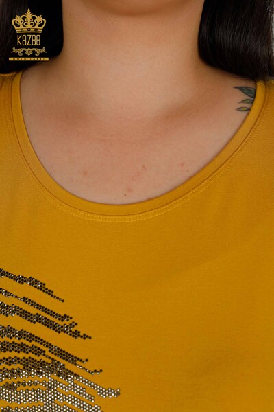 женская блузка оптом - с узором в виде листьев - шафран - 79322 | КАZEE - Thumbnail