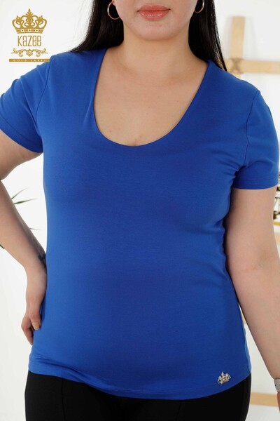 женская блузка оптом базовая с логотипом темно-синяя - 79190 | КАZEE - Thumbnail