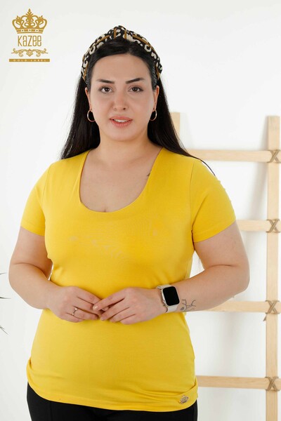 Женская блузка оптом - Базовая - С логотипом - Желтая - 79190 | КАZEE - Thumbnail