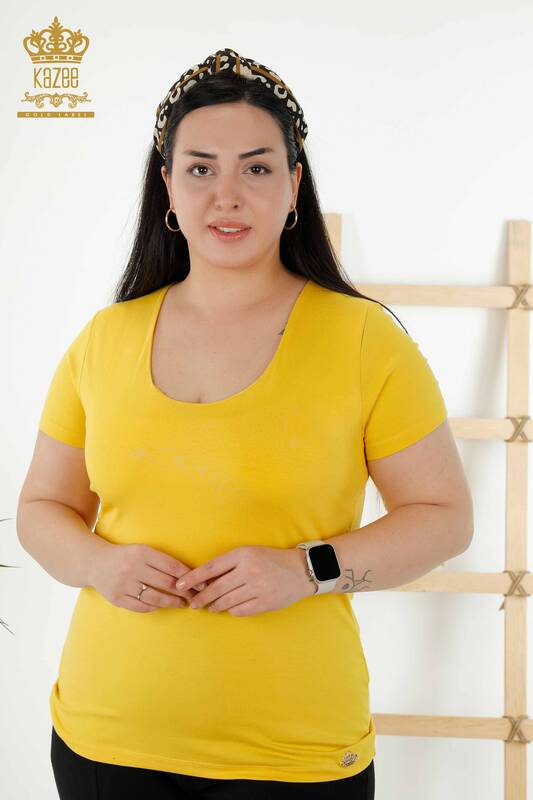 Женская блузка оптом - Базовая - С логотипом - Желтая - 79190 | КАZEE