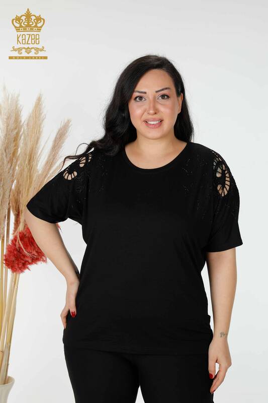 женская блузка оптом с плечами черного цвета - 77985 | КАZEE