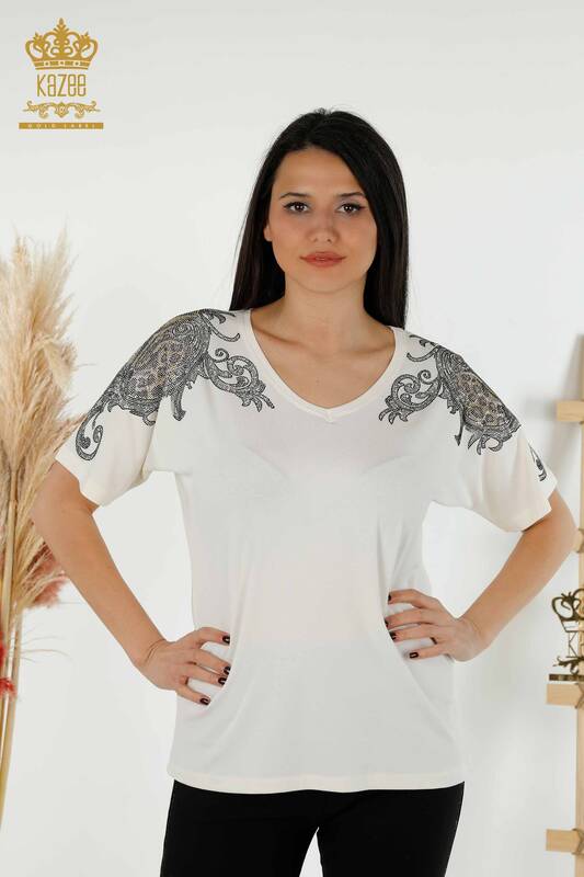 Женская блузка оптом - Детали плеча - Экрю - 79054 | КАZEE
