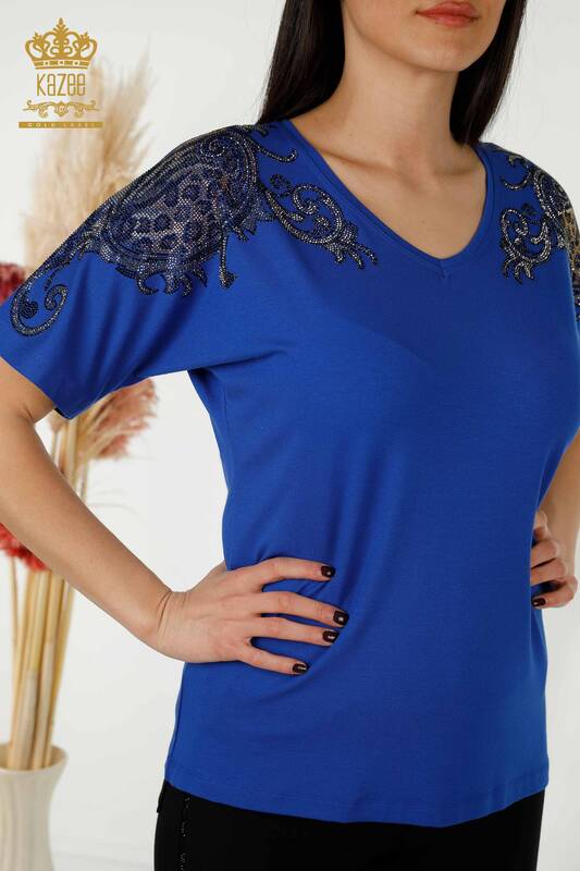 женская блузка оптом - детализация плеч - темно-синий - 79054 | КАZEE