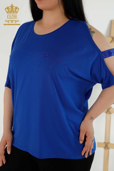 женская блузка оптом - с деталями на плечах - темно-синий - 79108 | КАZEE - Thumbnail