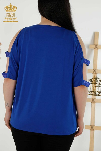 женская блузка оптом - с деталями на плечах - темно-синий - 79108 | КАZEE - Thumbnail