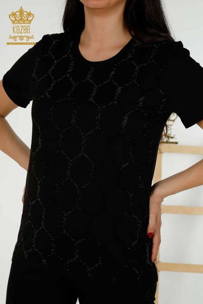 Женская блузка оптом - с коротким рукавом - с рисунком - черная - 79304 | КАZEE - Thumbnail