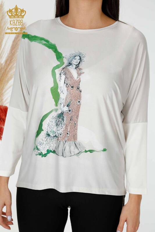 женская блузка оптом с рисунком цвета экрю - 75923 | КАZEE