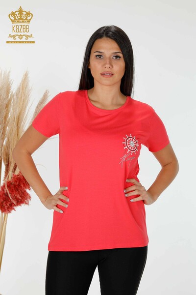 женская блузка оптом с рисунком кораллового цвета - 78925 | КАZEE - Thumbnail