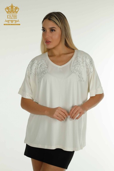Женская блузка оптом - С узором в виде листьев - Экрю - 79090 | КАZEE - Thumbnail