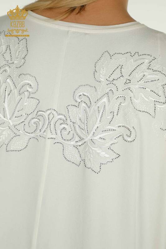 Женская блузка оптом - С узором в виде листьев - Экрю - 79090 | КАZEE
