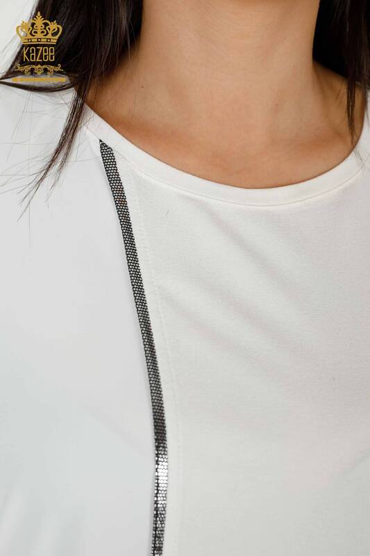 женская блузка оптом с узором из тюля с деталями цвета экрю - 79027 | КАZEE