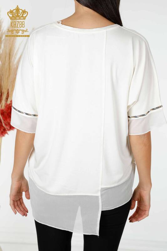 женская блузка оптом с узором из тюля с деталями цвета экрю - 79027 | КАZEE