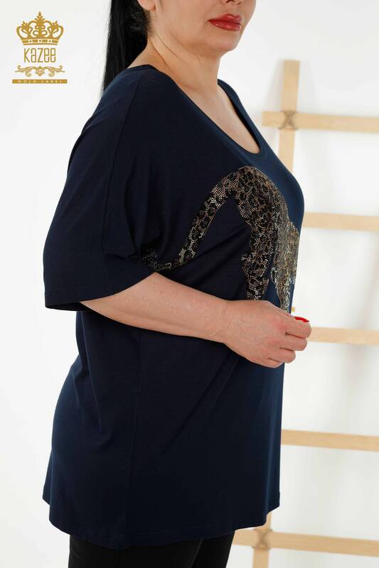 Женская блузка оптом - Деталь тигра - Темно-синий - 77683 | КАZEE