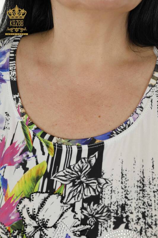 Женская блузка оптом - Цветочная цифровая печать- с рисунком - 77779 | KAZEE