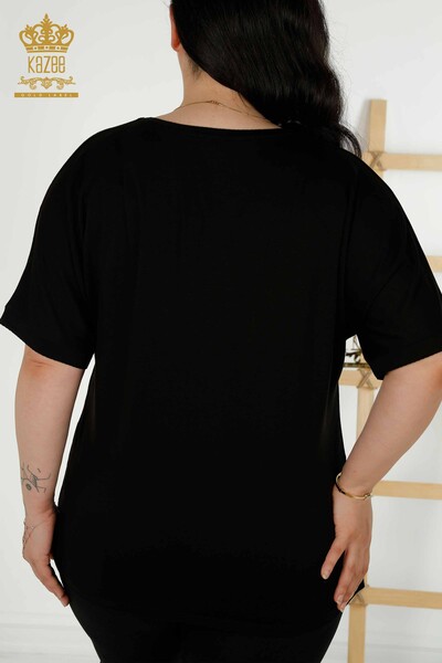 женская блузка оптом - цветочный узор - черный - 79307 | КАZEE - Thumbnail