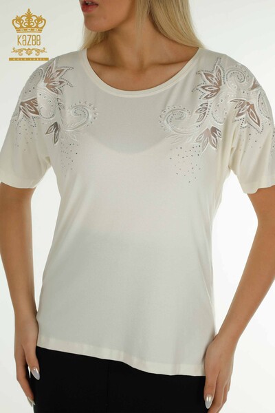 Женская блузка оптом - Цветочный узор - Экрю - 79093 | КАZEE - Thumbnail