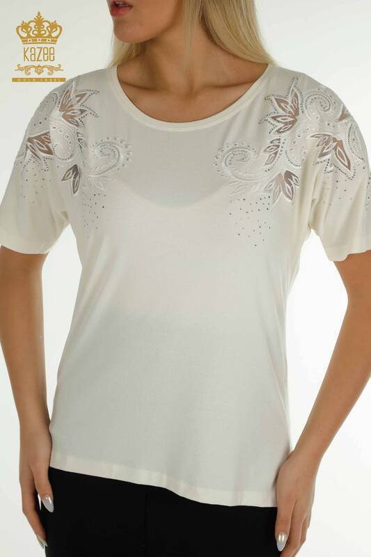 Женская блузка оптом - Цветочный узор - Экрю - 79093 | КАZEE