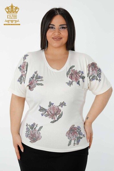 Оптовая женская блузя цветочный рисунок Экру - 78937 | Каzee - Thumbnail