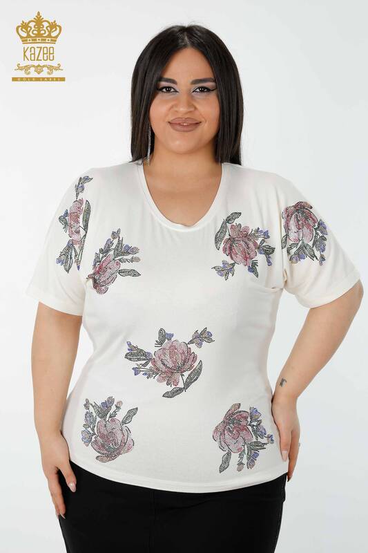 Оптовая женская блузя цветочный рисунок Экру - 78937 | Каzee