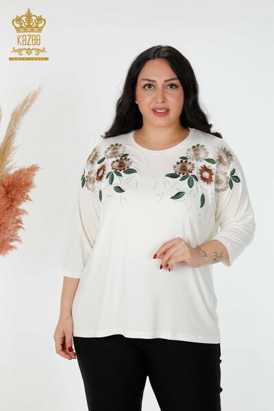 женская блузка оптом с цветочным узором экрю - 78947 | КАZEE - Thumbnail