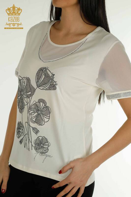 Женская блузка оптом - Цветочный узор - Экрю - 79290 | КАZEE