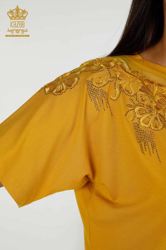 женская блузка оптом - цветочный узор - шафран - 79081 | КАZEE